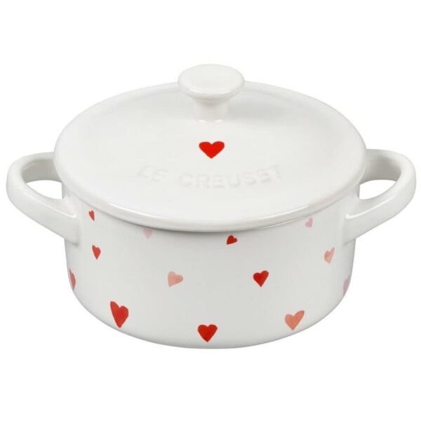 LE CREUSET Mini Round Cocotte L' Amour Collection: White w/ Heart Applique 8oz
